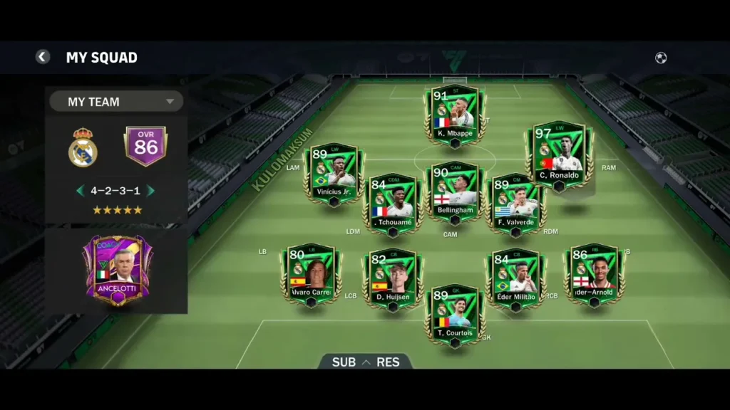 FIFA 16 MOD EA SPORTS FC 26 ANDROID OFFLINE V1 2 Screenshot of the tactical line-up screen in FIFA 16 Mod EA SPORTS FC 26 featuring a 4-3-3 formation and player ratings.